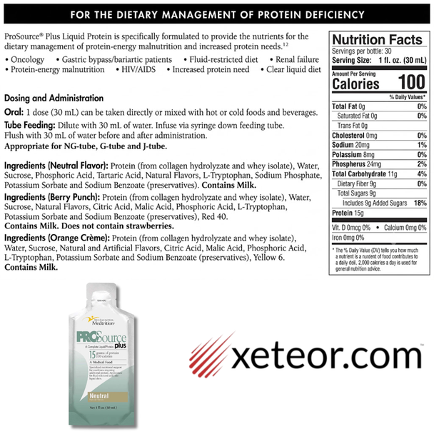Ingredients and dietary administration guide for Medtrition ProSource Plus neutral liquid protein pouch.