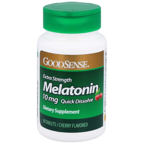 Angled front view of the GoodSense Extra Strength Melatonin 10 mg bottle, highlighting the quick dissolve feature and cherry flavor graphic.