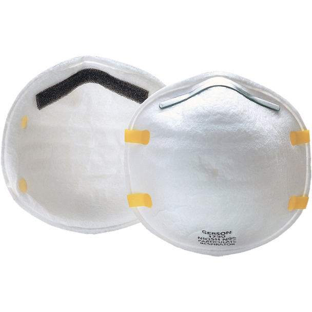 Front and inside view of the Gerson 1730 N95 respirator masks, showing the white cup-style design, yellow dual head straps, and inner nose foam for a secure fit.