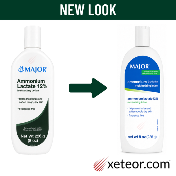 Major Ammonium Lactate 12% Moisturizing Lotion 14 oz new look label comparison showing older green label and updated blue label