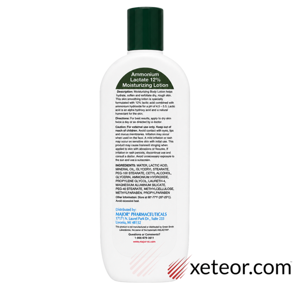 Back label for Major Ammonium Lactate 12% Moisturizing Lotion 14 oz showing directions, warnings, and ingredients