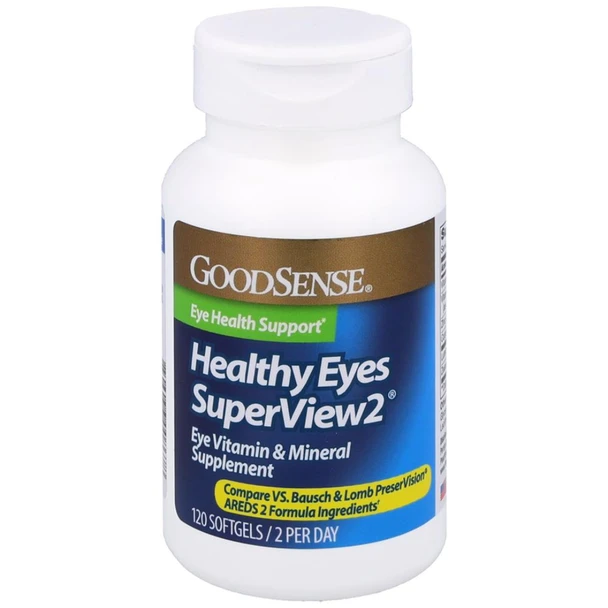 Angled front view of the GoodSense Healthy Eyes SuperView 2 eye health support bottle highlighting 120 softgels and a 2 per day dosage.