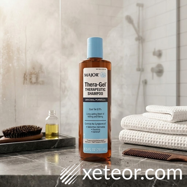 A bottle of Major Thera-Gel Therapeutic Shampoo resting on a wet grey marble countertop in a steamy, modern bathroom. The bottle is surrounded by spa-like elements, including neatly folded white towels, a wooden comb, a hairbrush, and a small glass bottle of oil, highlighting a relaxing hair care routine.