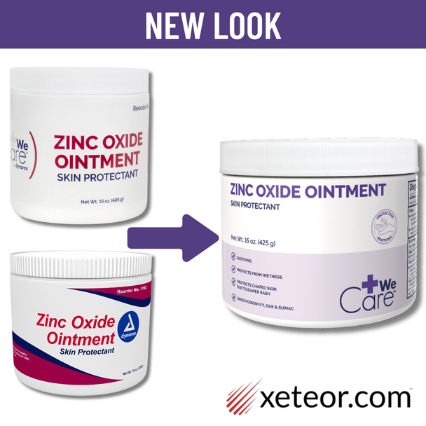 A graphic titled "New Look" displaying the packaging update for Dynarex We Care Zinc Oxide Ointment 15 oz (425 g) jar, showing a purple arrow pointing from the previous red and blue Dynarex jar designs on the left to the new purple We Care product packaging on the right with xeteor.com branding.