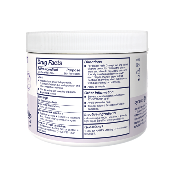 Close-up back view of the Dynarex Zinc Oxide Ointment jar displaying full Drug Facts, warnings, and inactive ingredients.