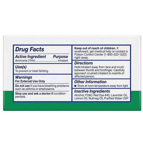 Back view of the Dyna Safety Ammonia Inhalants box showing the official Drug Facts label, including active ingredient Ammonia 15%, uses for preventing or treating fainting, warnings, and usage directions.