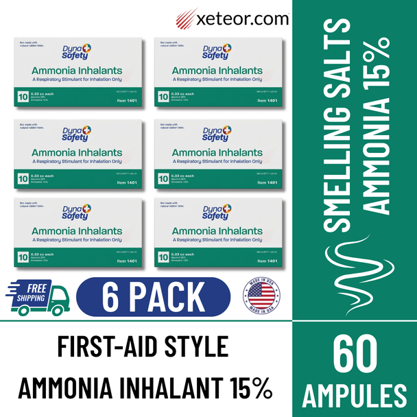 Front view of a white and green box of Dyna Safety Ammonia Inhalants (Item 1401), a respiratory stimulant for inhalation containing 10 individual 0.33 cc ampoules. 6 boxes WITH FREE SHIPPING