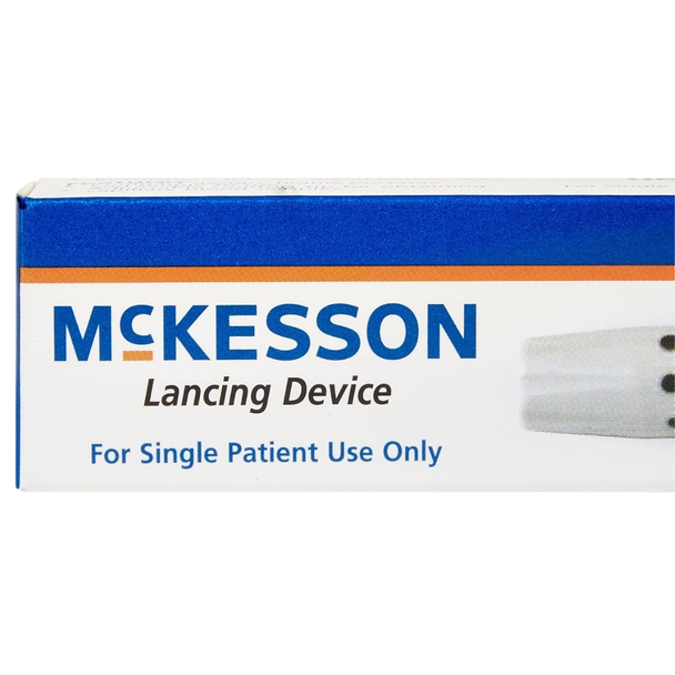 Close-up of the McKesson Lancing Device box emphasizing the printed text that reads For Single Patient Use Only.