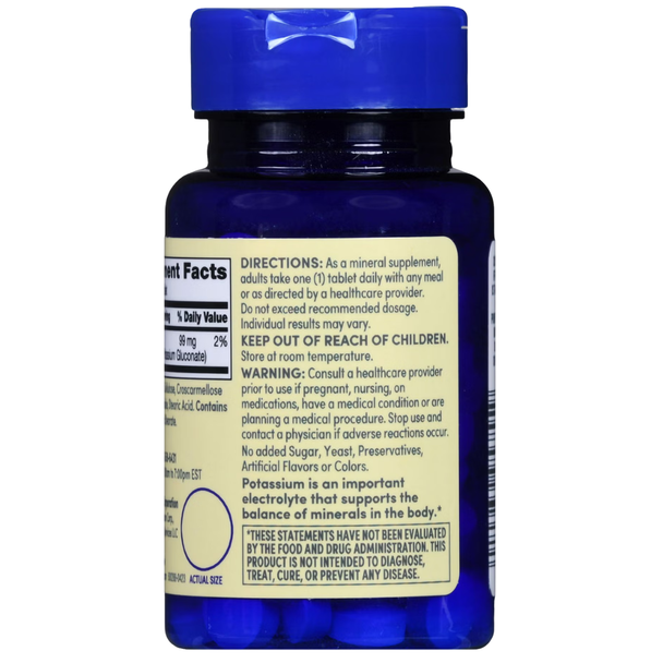 Back label of a blue Foster & Thrive Potassium Gluconate 595 mg bottle showing daily usage directions, warnings, and electrolyte balance support details.