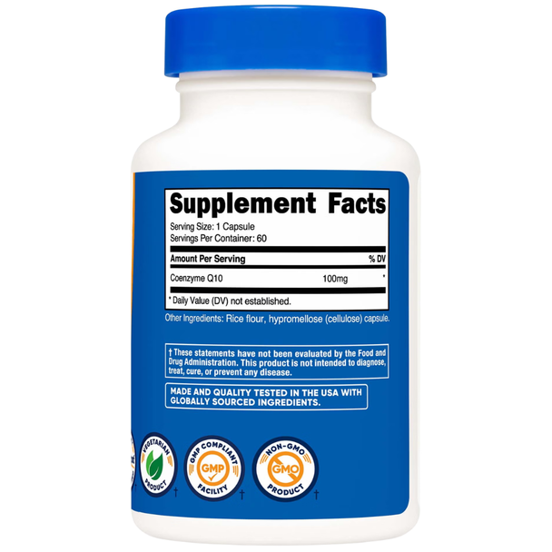 Supplement facts label for Nutricost CoQ10 100mg showing 100mg of Coenzyme Q10 per capsule, 60 servings, and GMP compliant and Non-GMO product logos.