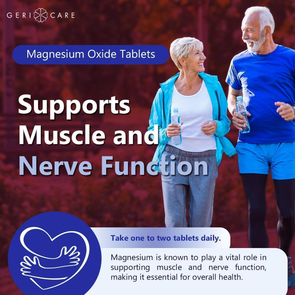 Lifestyle marketing graphic featuring an active senior couple detailing Geri-Care Multivitamin benefits for muscle, joint, and daily wellness support.