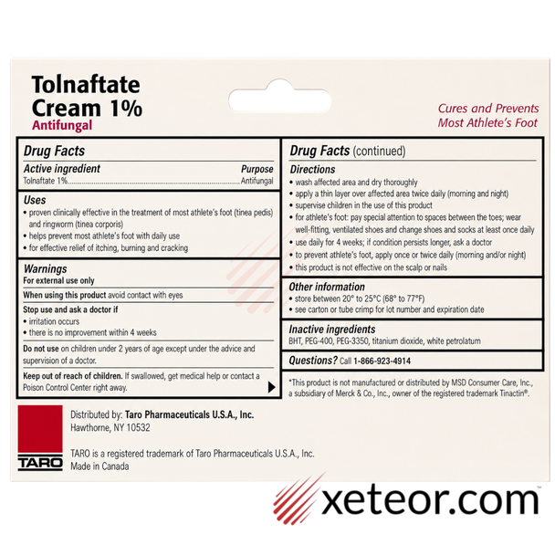 Taro Tolnaftate Cream 1% - 1 oz | Compare to Tinactin Tube - Drug Facts Label