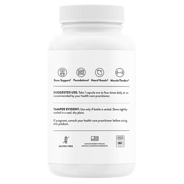 Back view of Thorne Magnesium Glycinate bottle showing product information and quality details