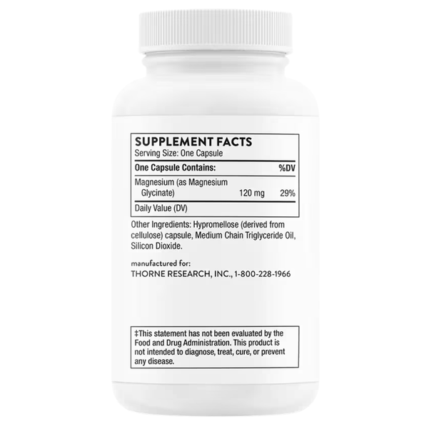 Back of Thorne Magnesium Glycinate bottle showing the Supplement Facts and ingredient information