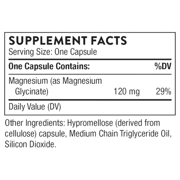 Thorne Magnesium Glycinate Supplement Facts showing 120 mg magnesium per capsule and other ingredients