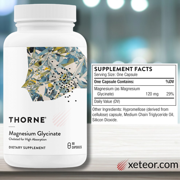 Thorne Magnesium Glycinate 90-capsule bottle with Supplement Facts showing magnesium content