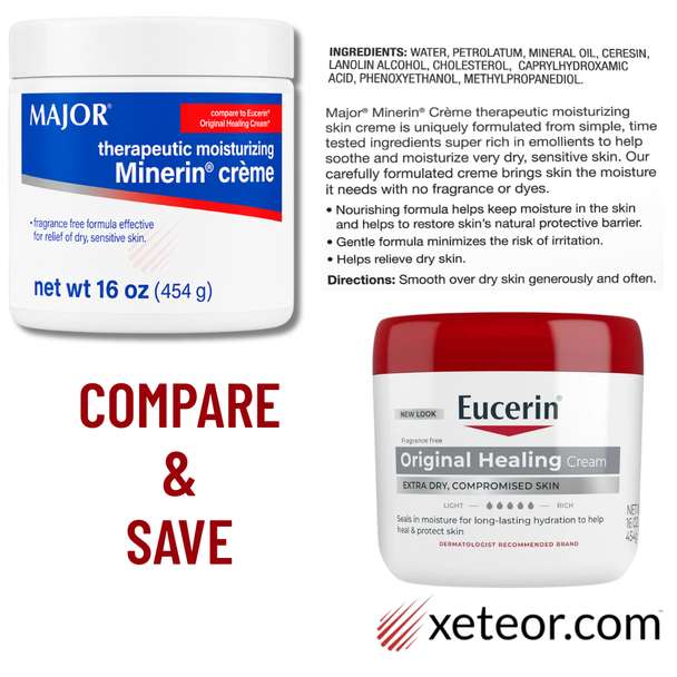 Major Minerin Creme 16 oz compared with Eucerin Original Healing Cream, showing ingredients, product benefits and directions