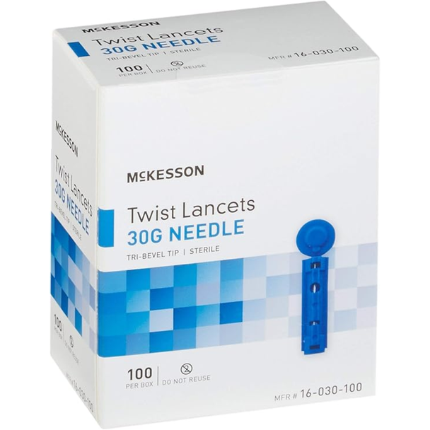 McKesson Twist Lancets 30 Gauge Needle - 100 Lancets - front, top and side of the box