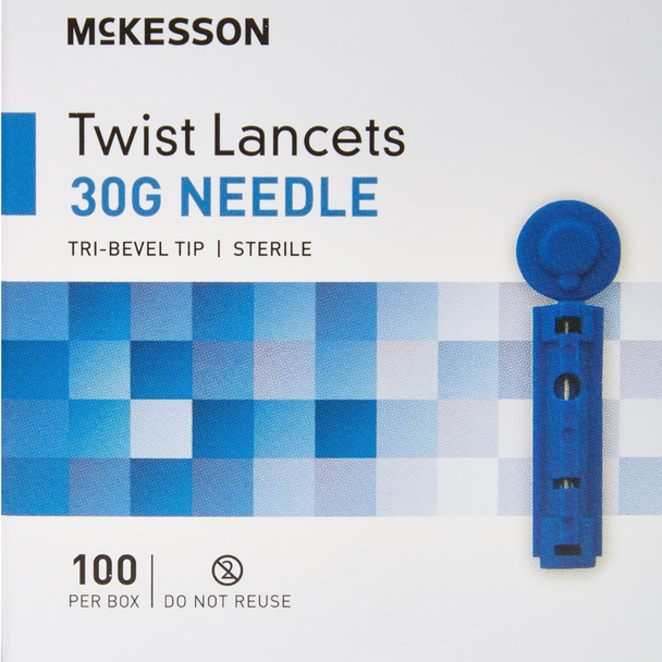 McKesson Twist Lancets 30 Gauge Needle - 100 Lancets - front of the box