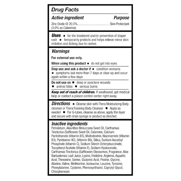 Thera Calazinc Body Shield Drug Facts showing zinc oxide 20 percent, uses, warnings, directions and inactive ingredients