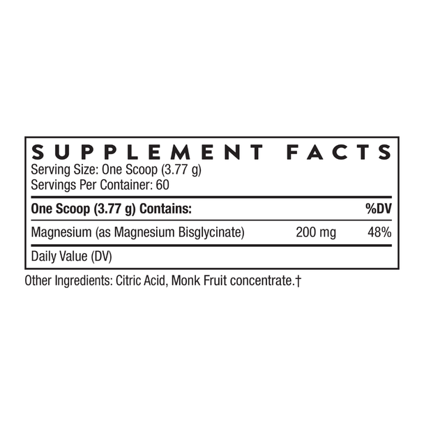 Thorne Magnesium Bisglycinate back label showing Supplement Facts, ingredients and product information