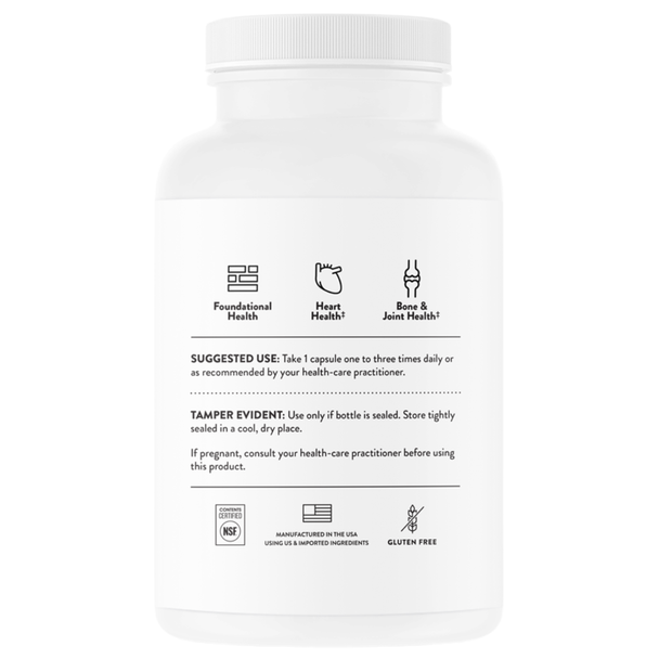 Back of Thorne Magnesium CitraMate bottle showing suggested use, storage information and certifications