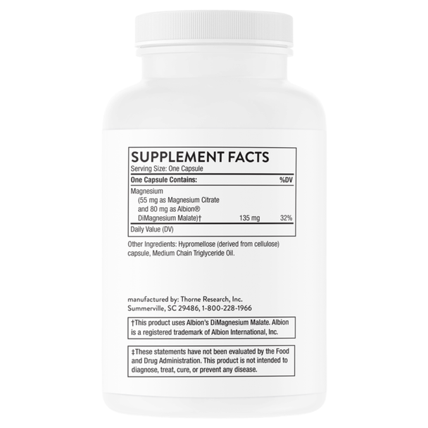 Back of Thorne Magnesium CitraMate bottle showing Supplement Facts, ingredients and product information