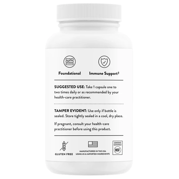 Back of Thorne Zinc Picolinate bottle showing suggested use, storage information and certifications