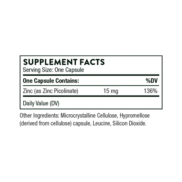 Thorne Zinc Picolinate Supplement Facts showing 15 mg zinc per capsule
