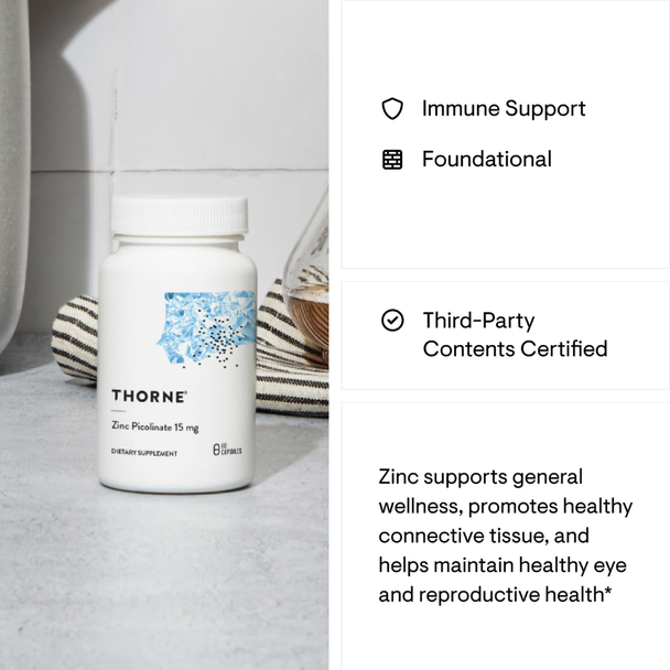 Thorne Zinc Picolinate 15 mg benefits for immune support, foundational wellness and connective tissue health