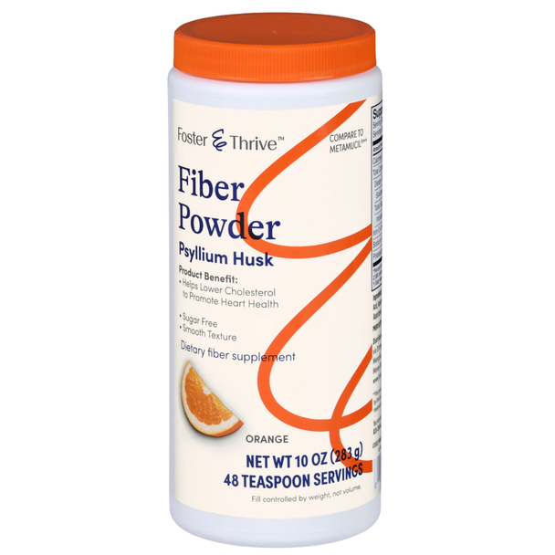 Foster & Thrive Sugar Free Fiber Powder Psyllium Husk Smooth Texture Orange 10 oz canister front angle view
