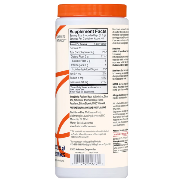 Foster & Thrive Sugar Free Fiber Powder Orange 10 oz Supplement Facts panel, ingredients, and phenylketonurics warning