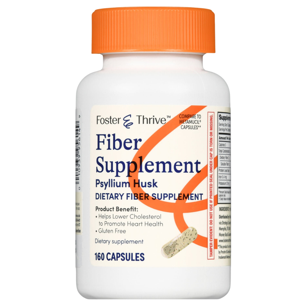 Foster & Thrive Fiber Supplement Psyllium Husk 160 Capsules bottle label showing Compare to Metamucil Capsules