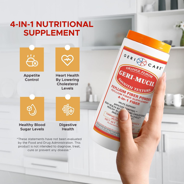 Hand holding Geri-Care Geri-Mucil Fiber Powder canister showcasing 4-in-1 nutritional supplement icons