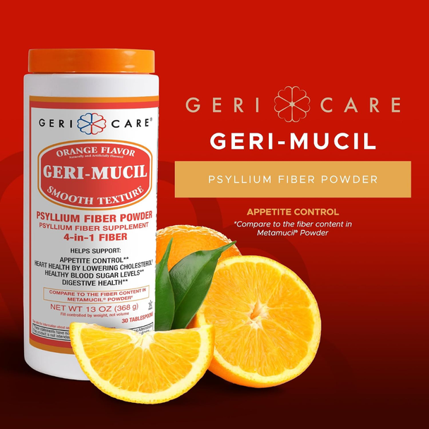 Geri-Care Geri-Mucil 13 oz canister displayed next to sliced fresh oranges highlighting 4-in-1 fiber benefits