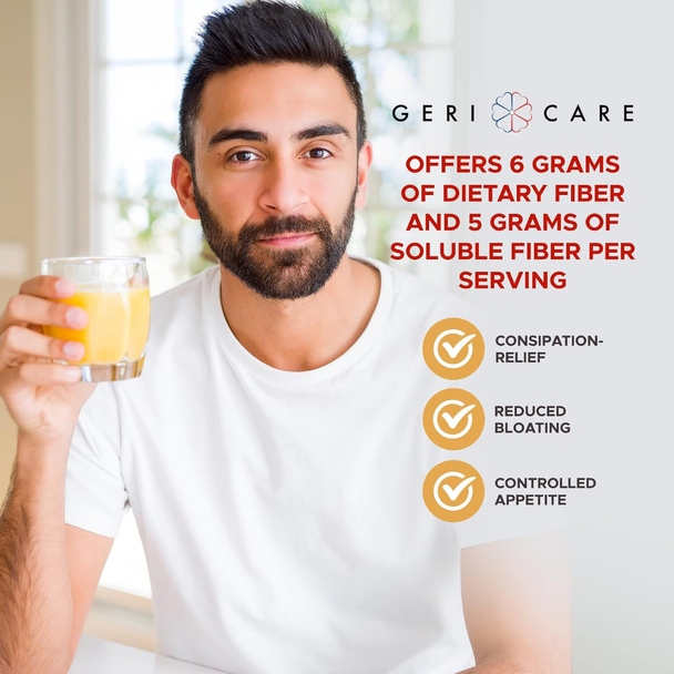 Man holding a glass of orange fiber supplement drink featuring 6g dietary fiber and 5g soluble fiber callouts