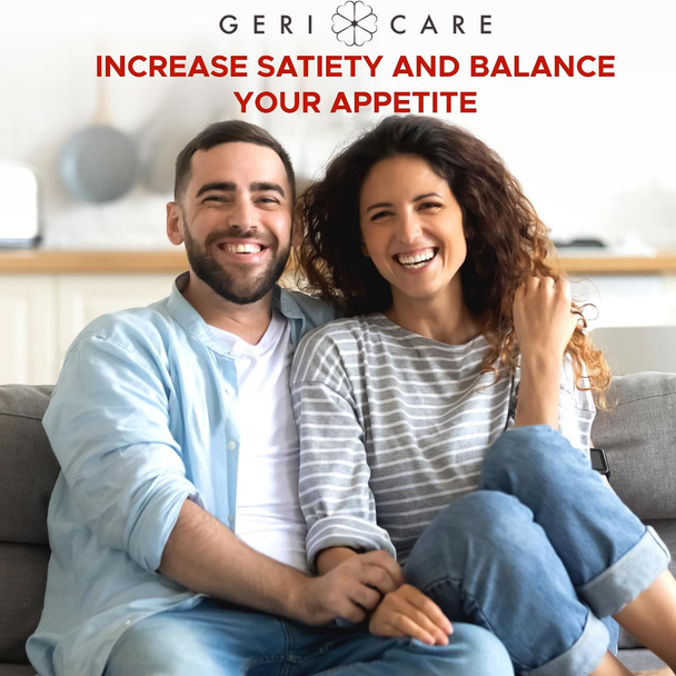Smiling couple sitting on a couch highlighting satiety and appetite control benefits of Geri-Care fiber