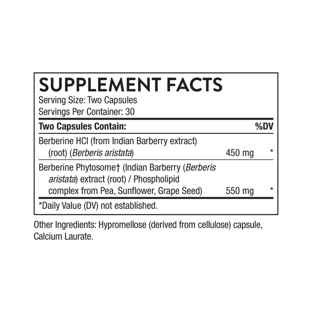 Thorne Berberine Supplement Facts showing 450 mg berberine HCl and 550 mg berberine phytosome per two capsules