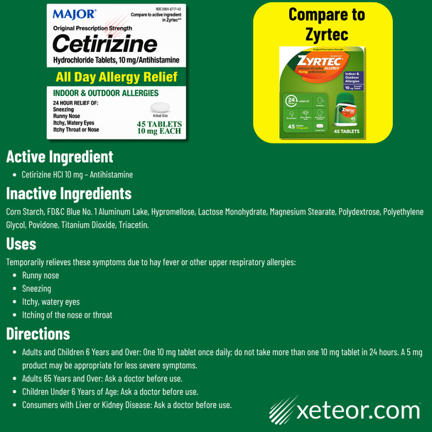 Major Cetirizine HCl 10 mg - 45 Tablets | Zyrtec - Ingredients, Directions, Uses