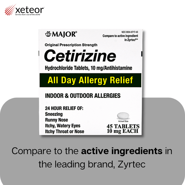 Major Cetirizine Hydrochloride Antihistamine 10 mg - 45 Tablets (Zyrtec) Compare to the Leading Brand Zyrtec