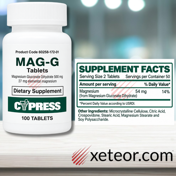 Cypress Mag-G Magnesium Gluconate 500 mg - 100 Tablets - Supplement Facts