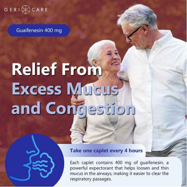 Lifestyle marketing graphic featuring a senior couple with promotional text detailing fast relief for chest congestion and thinning mucus.