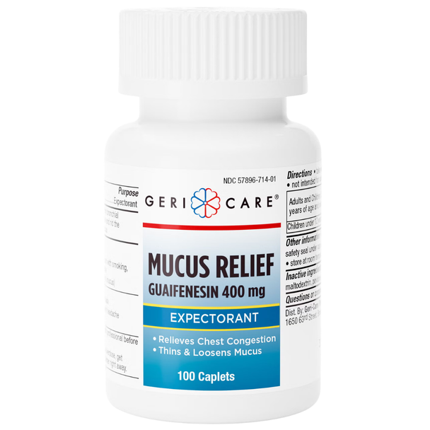 Front view of a white bottle of Geri-Care Mucus Relief expectorant tablets on a clean white background.