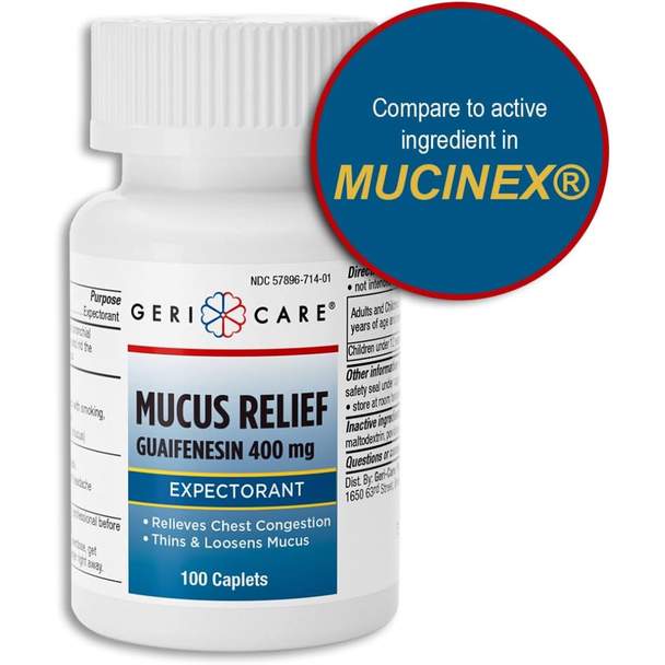 Geri-Care Mucus Relief bottle on a white background featuring a blue circular badge highlighting active ingredient comparison to name-brand expectorants.