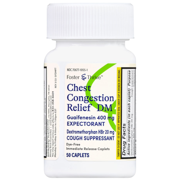 Front view of the white plastic pill bottle for Foster & Thrive Chest Congestion Relief DM 50 caplets.