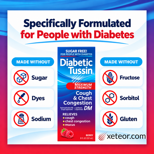 Diabetic Tussin Maximum Strength Cough & Chest Congestion DM, sugar-free formula made without fructose, dyes, sorbitol, sodium, or gluten