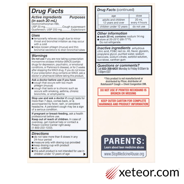 Drug Facts label on the back of Foster & Thrive Adult Tussin DM box listing active ingredients Dextromethorphan HBr and Guaifenesin.