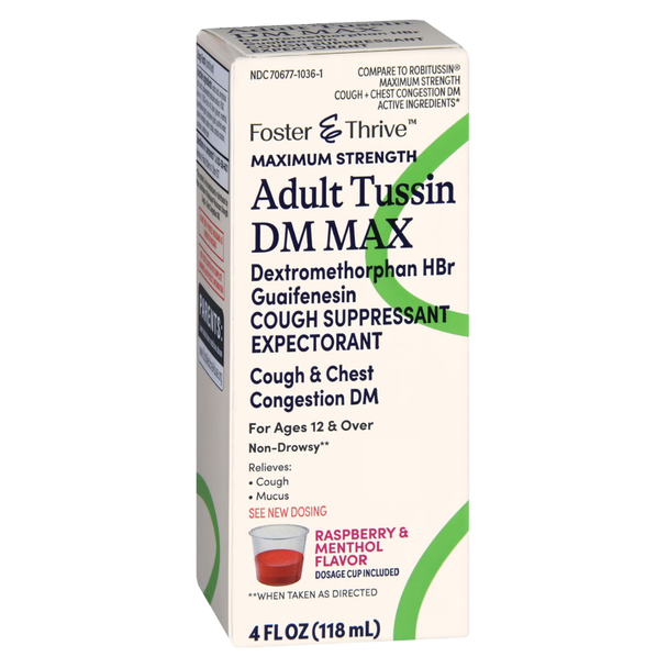 3D perspective box angle of Foster & Thrive Maximum Strength Adult Tussin DM MAX 4 fl oz cough and chest congestion relief.
