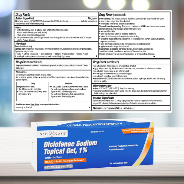 Geri-Care Diclofenac Sodium Topical Gel 1% box displayed next to its Drug Facts label detailing active ingredients, arthritis relief uses, and application instructions.