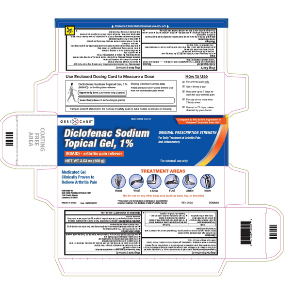 Geri-Care Diclofenac Sodium Topical Gel 1% full carton with Drug Facts label detailing active ingredients, arthritis relief uses, and application instructions.